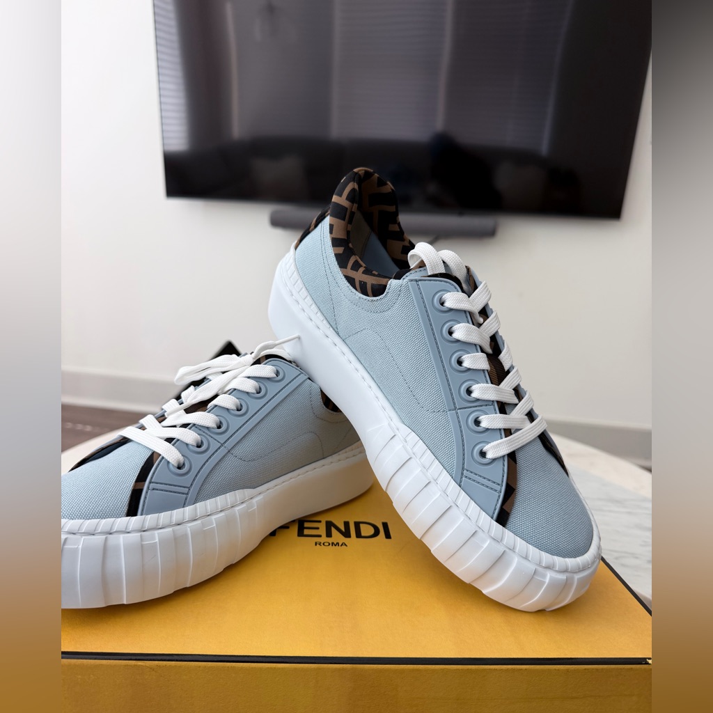 Fendi Light Blue Canvas Low-Top Sneakers With Branded Trim